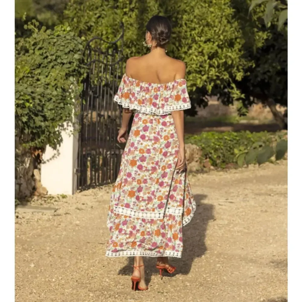 Miss June Rayan Off The Shoulder Floral Lace Ruffle Maxi Midi Dress Boho Pink - Picture 4 of 12